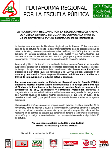 Comunicado de apoyo de la Plataforma de Madrid